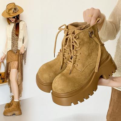 Матовые ботинки Мартина на толстой подошве с большой головой женские осенне-зимние новые ретро увеличивающие рост ботинки цвета ревеня высокие ботинки