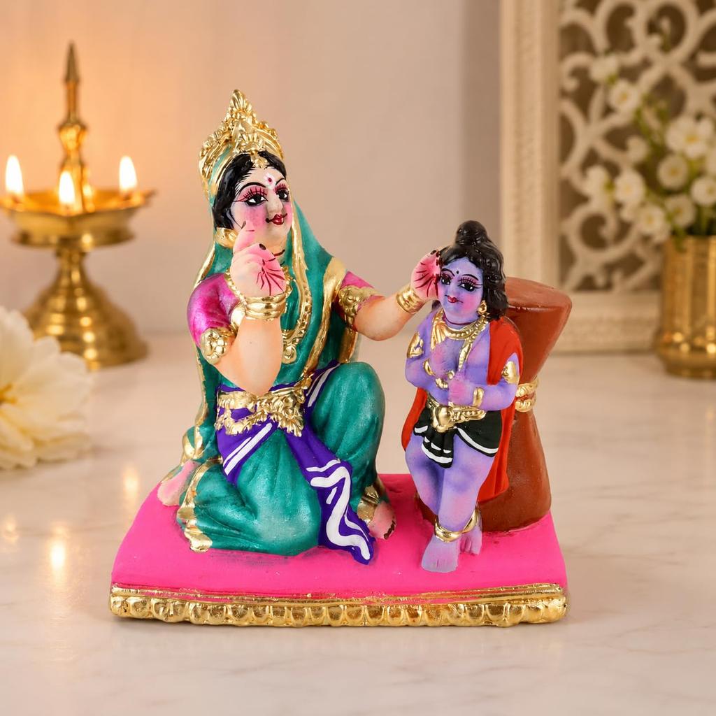 Yasoda Punishing Krishna for Butter Theft Idol | Cultural & Spiritual Art | Handmade Clay Terracotta