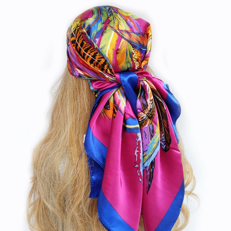 Spring And Autumn Female Satin Scarf,Big Square Scarves Hijabs Printed,Women Scarf,Purple Polyester Silk Scarf Shawl 90*90cm