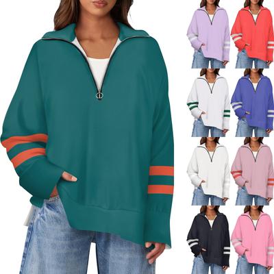 Женский повседневный свитер с полумолнией и лацканами в полоску с принтом и разрезом сверху по бокам, модная одежда