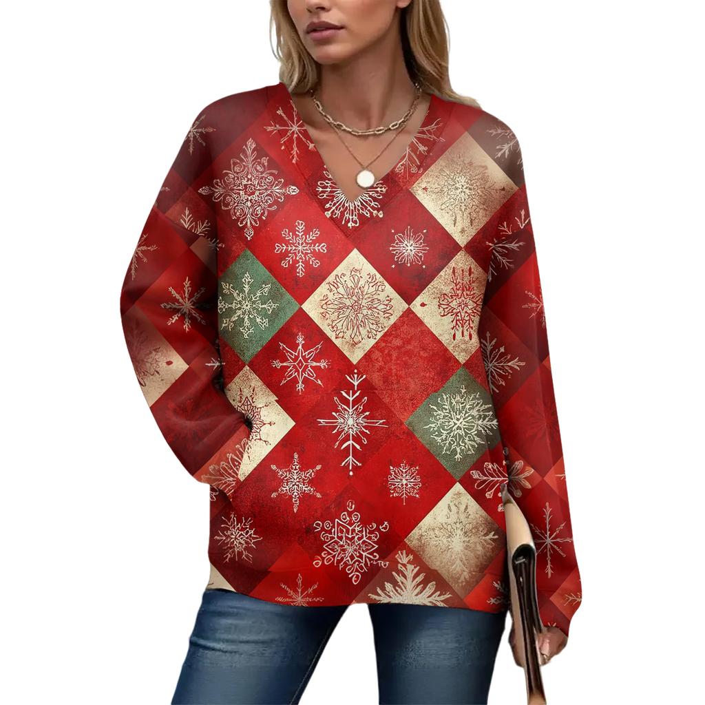 Women's Casual And Fashionable Christmas Print Long-Sleeved Top