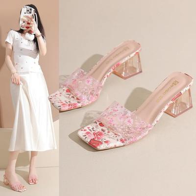 Мода 2025 Лето В сочетании с ципао Элегантные женские босоножки на высоком каблуке с принтом Сандалии на среднем каблуке Тапочки Распродажа обуви для женщин