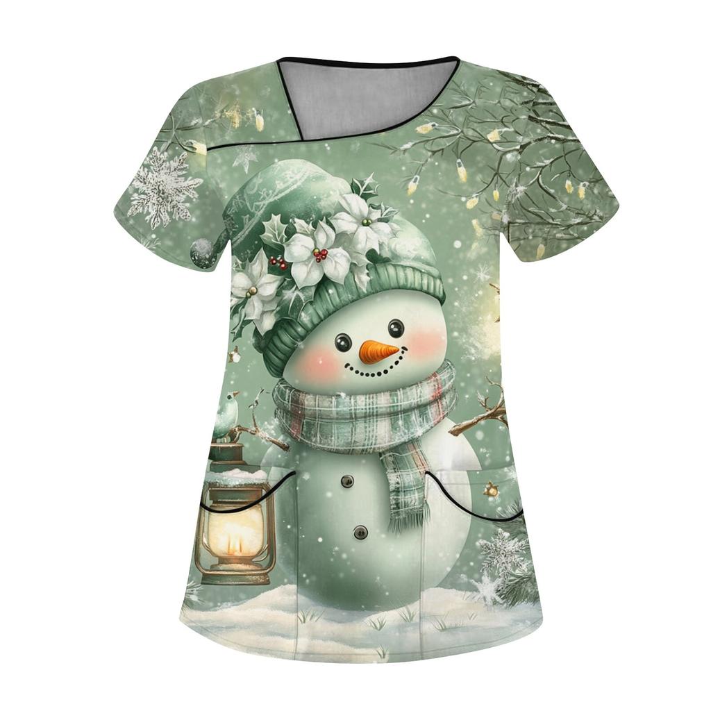 Женская рабочая одежда с рождественским принтом, покатый воротник и двухслойные карманы, базовый пуловер сверху