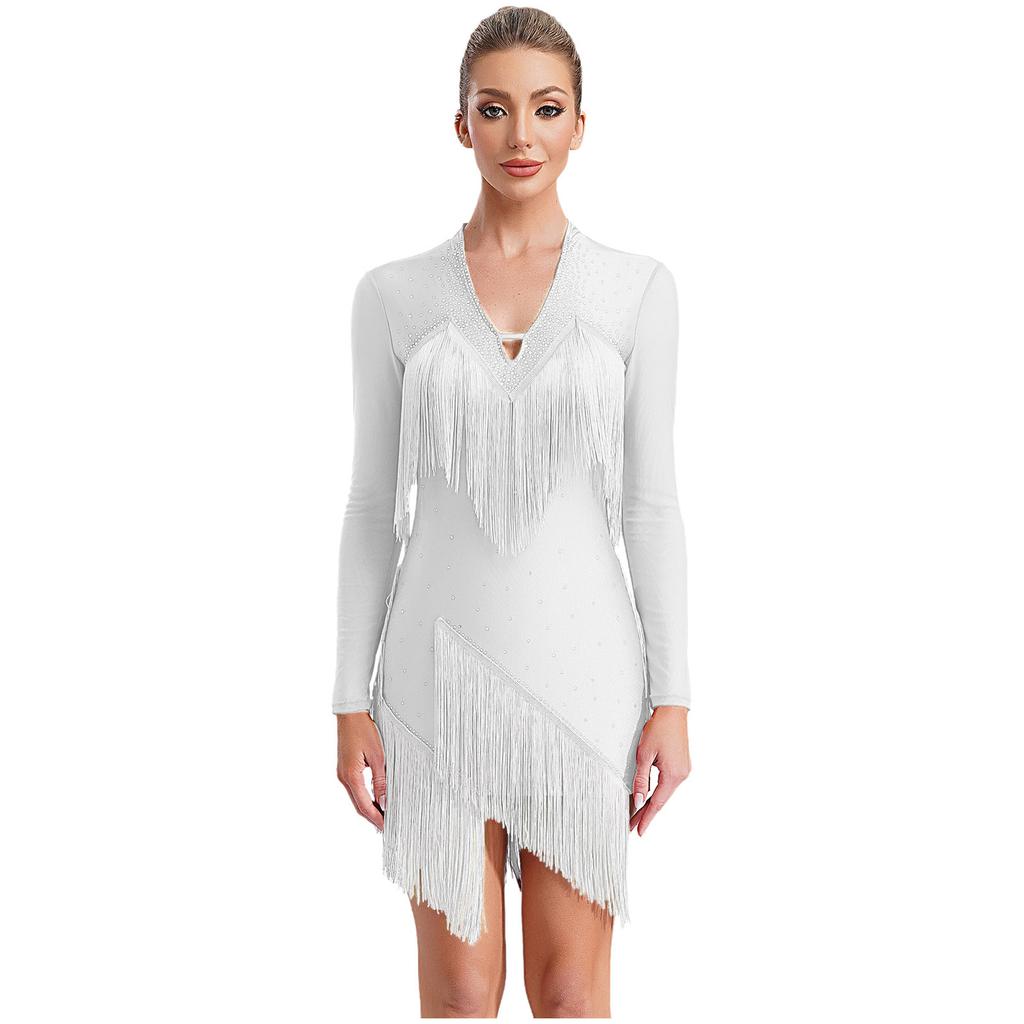 Женское платье для латинских танцев с V-образным вырезом и длинным рукавом, блестящая бахрома из страз, костюм для выступлений в стиле танго, румба, ча-ча-ча