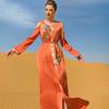 Muslim Women's Orange Handmade Rhinestone Long Dress with Belt Robe Ramadan