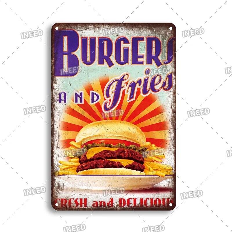 Tin Sign FastFood Pizza Hot Dog Hamburgers Ice Cream Fries Pop Corn Metal Vintage Plaque Metal Retro Plate Kitchen Wall Decor