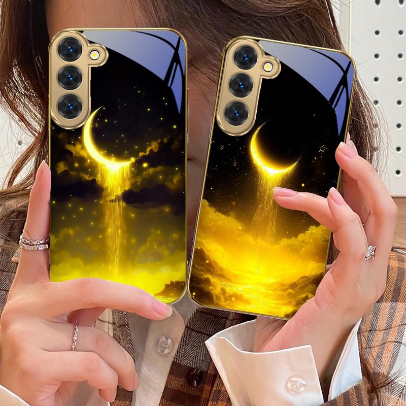 Золотое лунное небо Для Samsung Galaxy S26 S20 FE S21 S22 S23 Plus S24 Ultra 25Ultra S21+ S9 S22 S8 Золотой стеклянный чехол для телефона