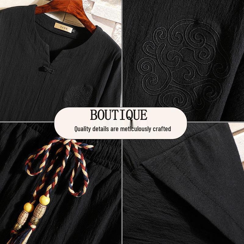 Мужской летний льняной комплект: футболка и брюки длиной семь восьмых в стиле ханфу - Свободный крой, Большой размер