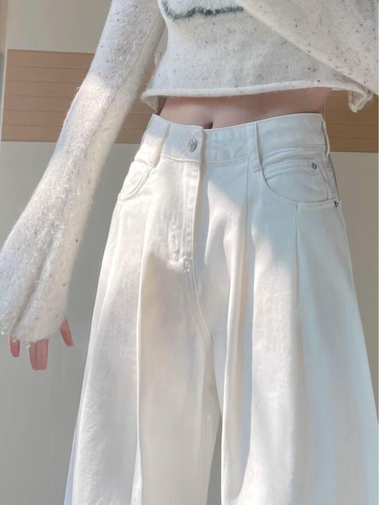 Женские белые джинсы широкие от бедра, весна/лето 2025, плиссированные, премиум-класса, свободные, драпирующиеся брюки полной длины.