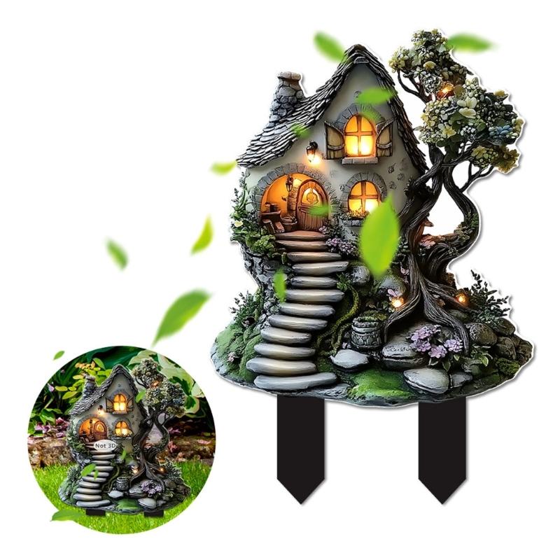 Acrylic Miniature Cabin Stake Decoration Weather Resistant Acrylic Cottage Stake Ornament For Patios Backyard Garden
