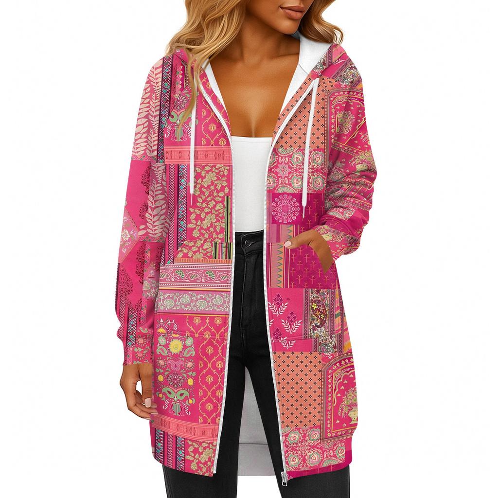 Women's Fashionable Printed Long Sleeved Drawstring Hooded Zipper Pocket Long Casual Sweatshirt Jacket