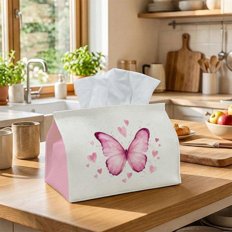 1pc Romantic Butterfly Illustration Tissue Box Multifunctional, Pink Hearts White Suitable for Home, Parties, And Car Decoration. This Decorative Tiss