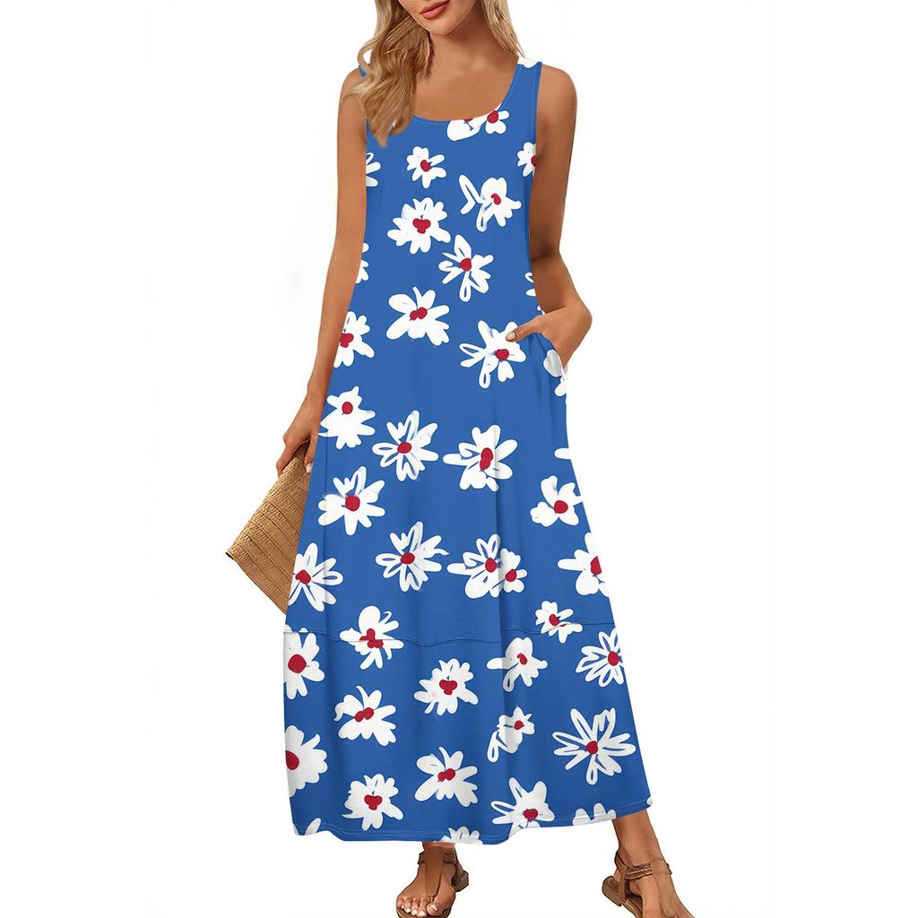 Женский повседневный сарафан длиной до пола, летнее пляжное платье, круглый вырез, без рукавов, свободный сарафан с принтом
