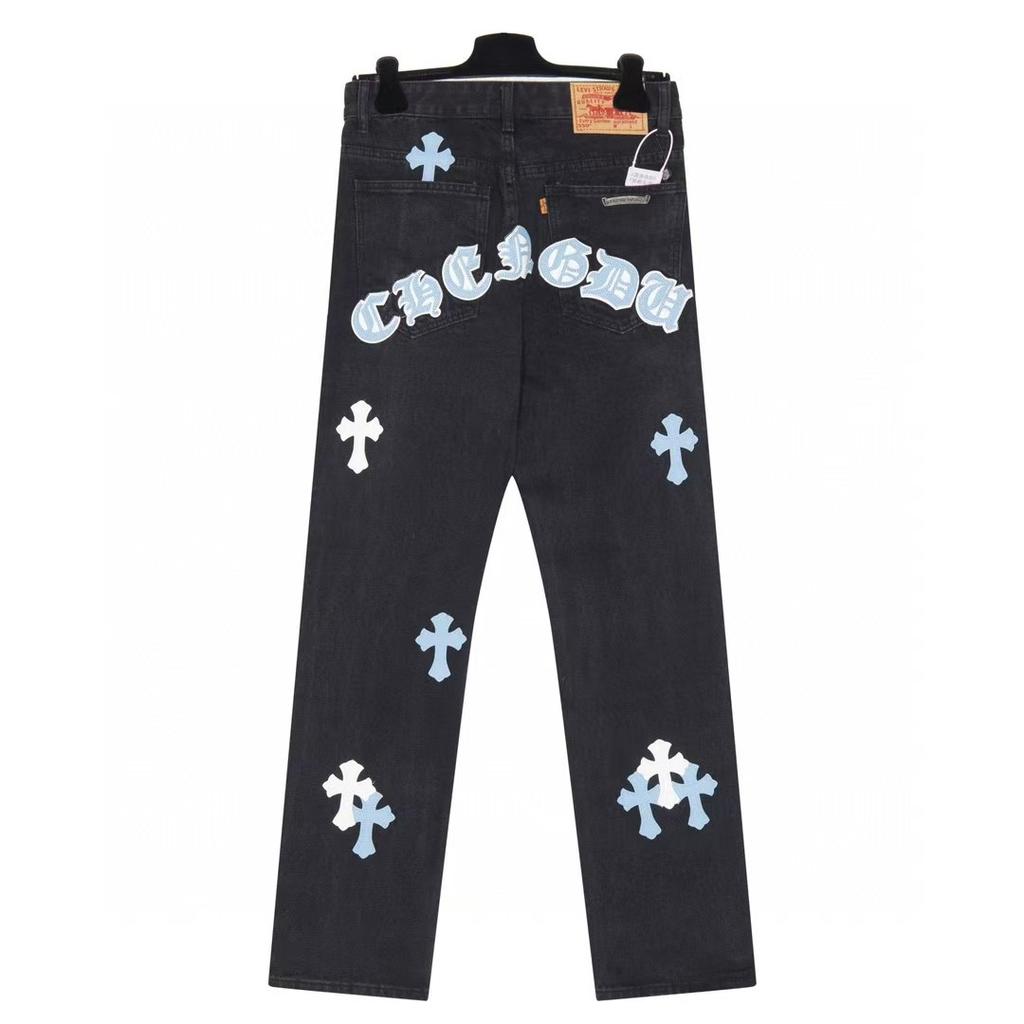 9904 CHROME HEARTS Men's and Women's American Style Trendy Jeans with Fabric Patches, Casual and Fashionable High Street Pants