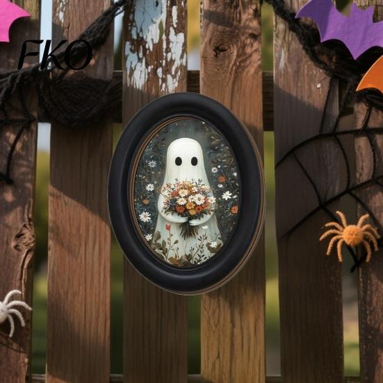 Cute Ghost Painting Halloween Wall Decor, Table Sign, Vintage Oval Framed Non-marking Art Picture, Decorative for Mantel Living Room Bedroom