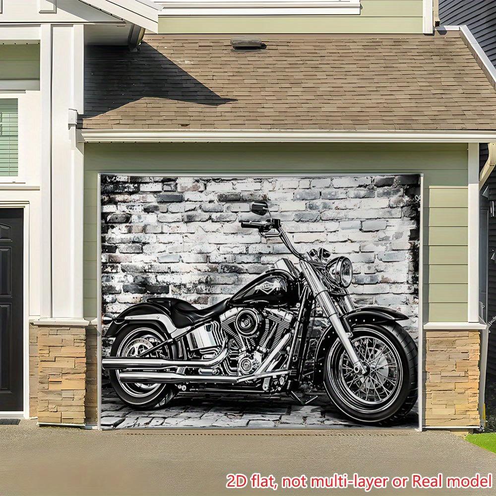 2D flat printing party banner, with the image of a hellish razor motorcycle in front of a brick wall background