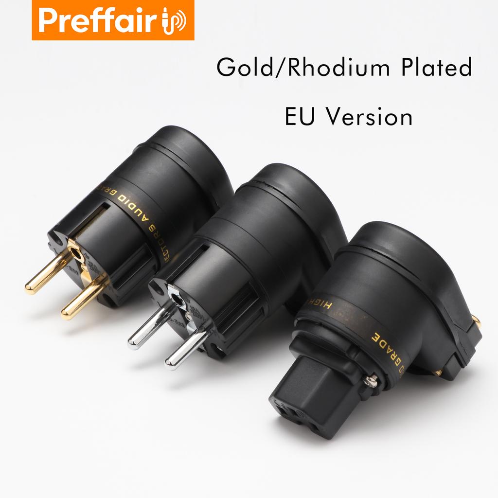 Preffair Pure Copper US Schuko Power Plug 24K Gold/Rhodium Plated Right Angle EU C13 HIFI Male Female Power Connector