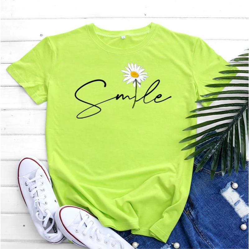 Summer Round Neck Daisy Pattern Printed Top Fashionable Casual Short Sleeved Women's Pure Cotton T-shirts
