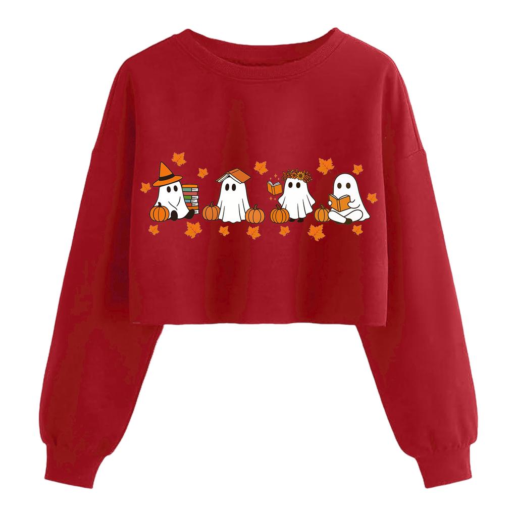 Женский модный пуловер с длинным рукавом и принтом на Хэллоуин, открывающий живот