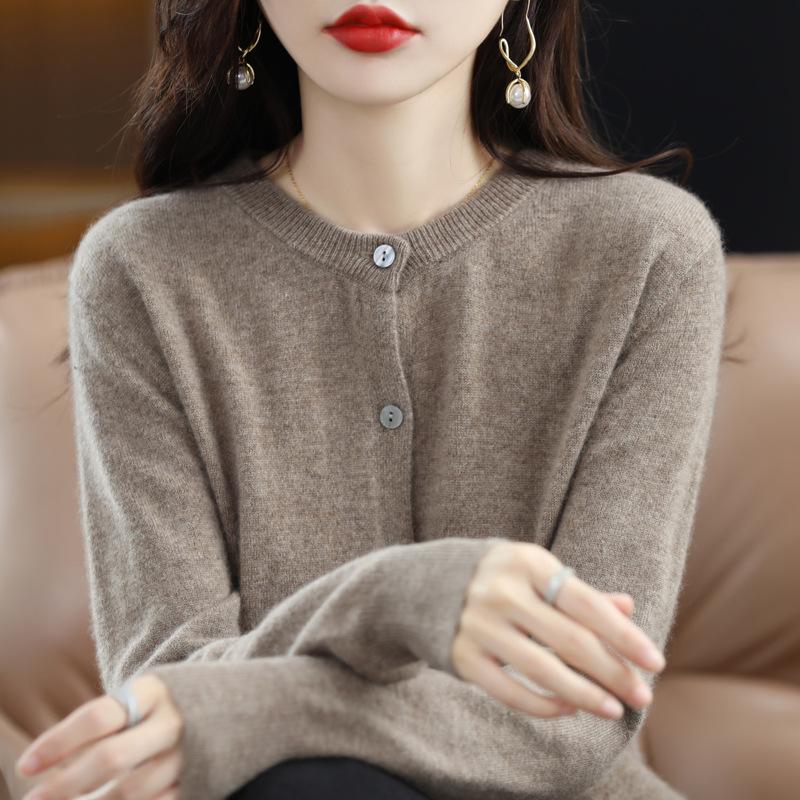 Knitted Cardigan Round Neck Sweater Women's Long Sleeved Solid Color Button Down Sweaters Jacket