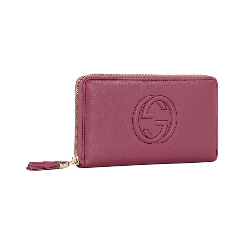 Gucci Soho embossed logo tassel charm leather long zipper wallet wallet women's pink