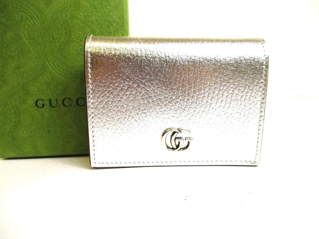 Оригинальный кошелек GUCCI GG Marmont из серебристой кожи, складной, компактный, #b125. Открытая коробка