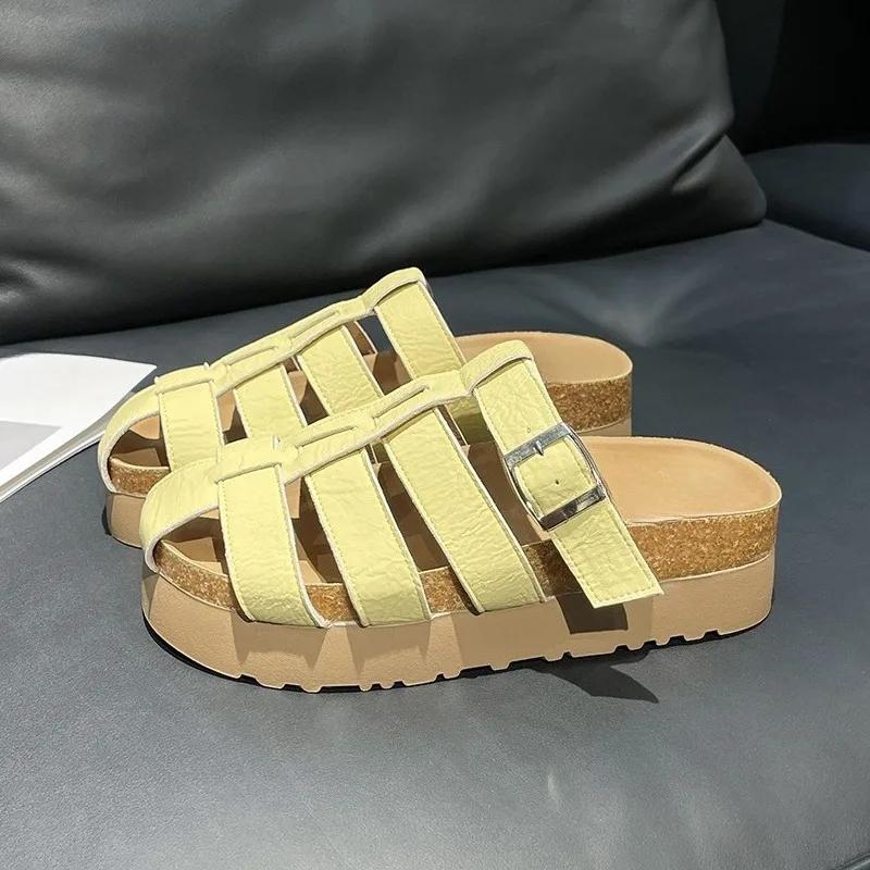 Fashion 2025 Women's Baotou Slippers Summer New Round Toe Cutout Woven Metal Buckle Strap Anti-slip Wear-resistant Flats