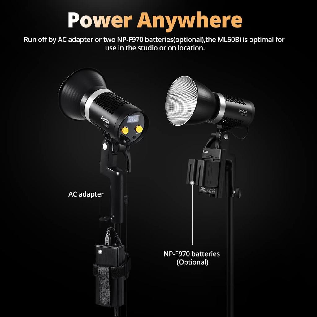 Authorized Godox ML60Bi LED Light 60W Color Temperature Handheld LED Video Light Photography Auxiliary Light CRI TLCI Brightness Adjustment Quiet Fan