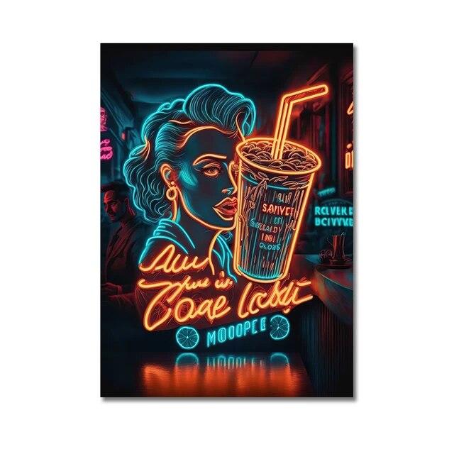 Неоновый арт, пицца, гамбургер, кофе, мороженое, плакат, настенная живопись на холсте, печатные изображения, ресторан быстрого питания, клубный бар, домашний декор без рамки