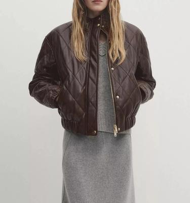 Стеганая коричневая женская куртка-бомбер из мягкой кожи ручной работы из натуральной овчины, байкерская