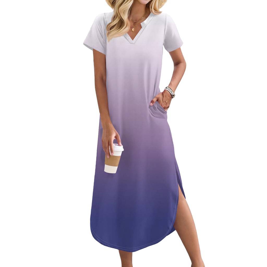 Женское длинное платье-рубашка с V-образным вырезом, повседневное, с коротким рукавом и свободным разрезом
