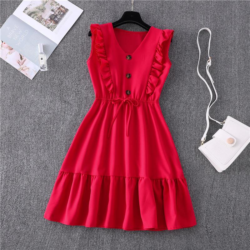 Женское летнее сплошное цветное повседневное мини-платье трапециевидной формы без рукавов с оборками