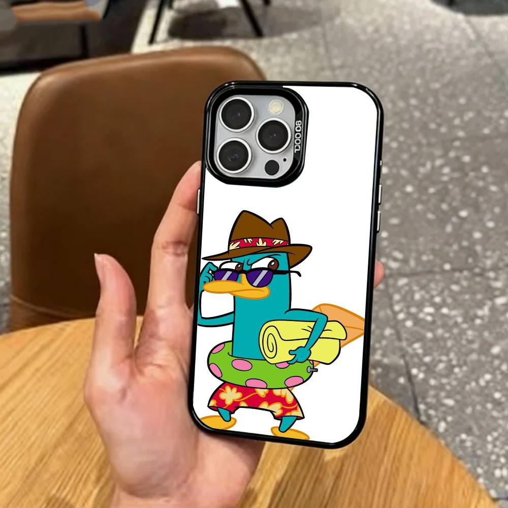cute Cartoon P-Perry The P-Platypus Phone Case For iPhone17,16,15,14,13,12,11 Plus,Pro Max Colored Silver Plated Inside Cover