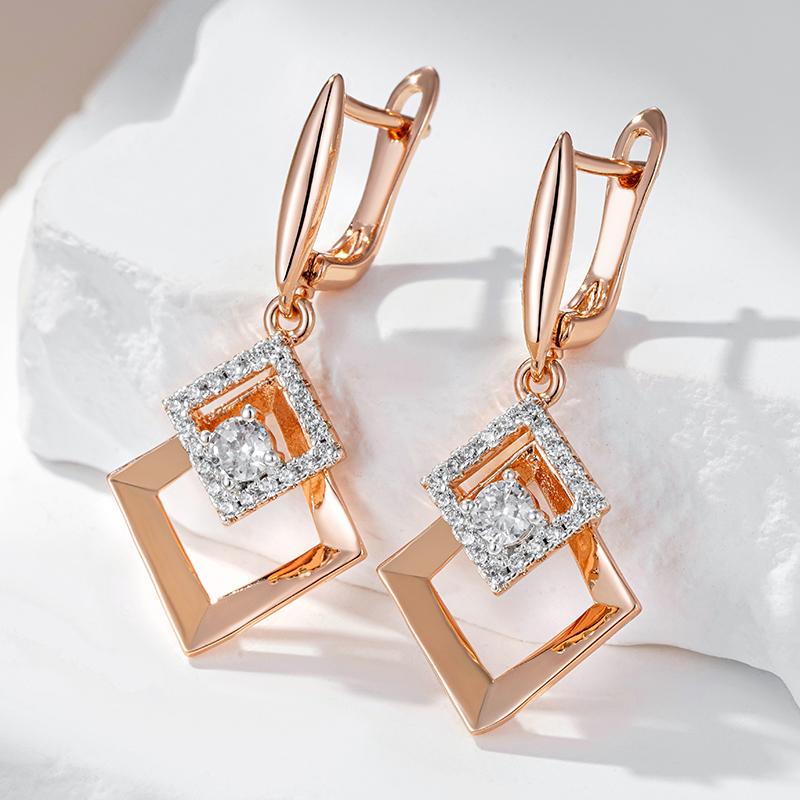 Double Square Smooth Gold Color Inlay Silver Plated Zircon English Lock Dangle Earrings Luxury Women Geometric Jewelry