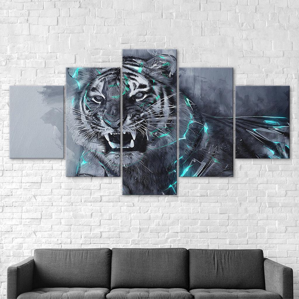 Roaring White Tiger Animal Abstract Scene 5 Piece Five Panel Wall Canvas Print Modern Art Poster Picture Home Decor Gift For Him For Her