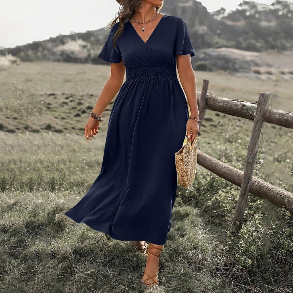Women's Summer Fashion Sexy Comfortable Wrap Waist Maxi Dress V Neck Side Slit Casual Dress A-Line Long Short Sleeve Solid Color Dress