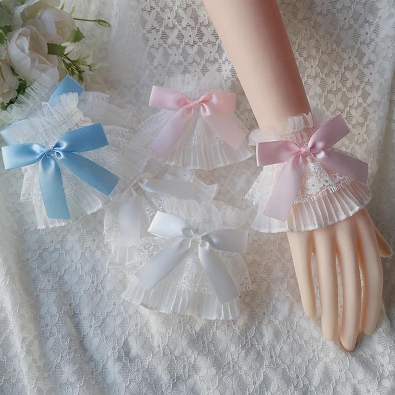 Kawaii Bow кружева рукава на запястье кружевные перчатки без пальцев готические милые эластичные панк манжеты на руку Лолита девушка одежда аксессуары