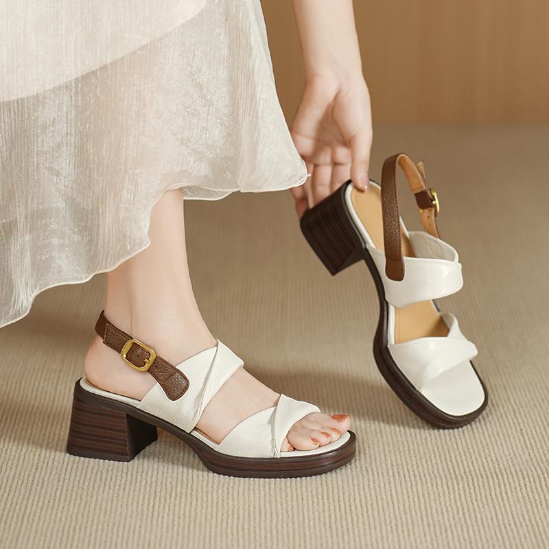 Fashion Retro Genuine Leather Women Sandals 2025 Summer New Shoes Open Toe Rome Style High Heels Fashion Buckle Gladiator Shoes Woman