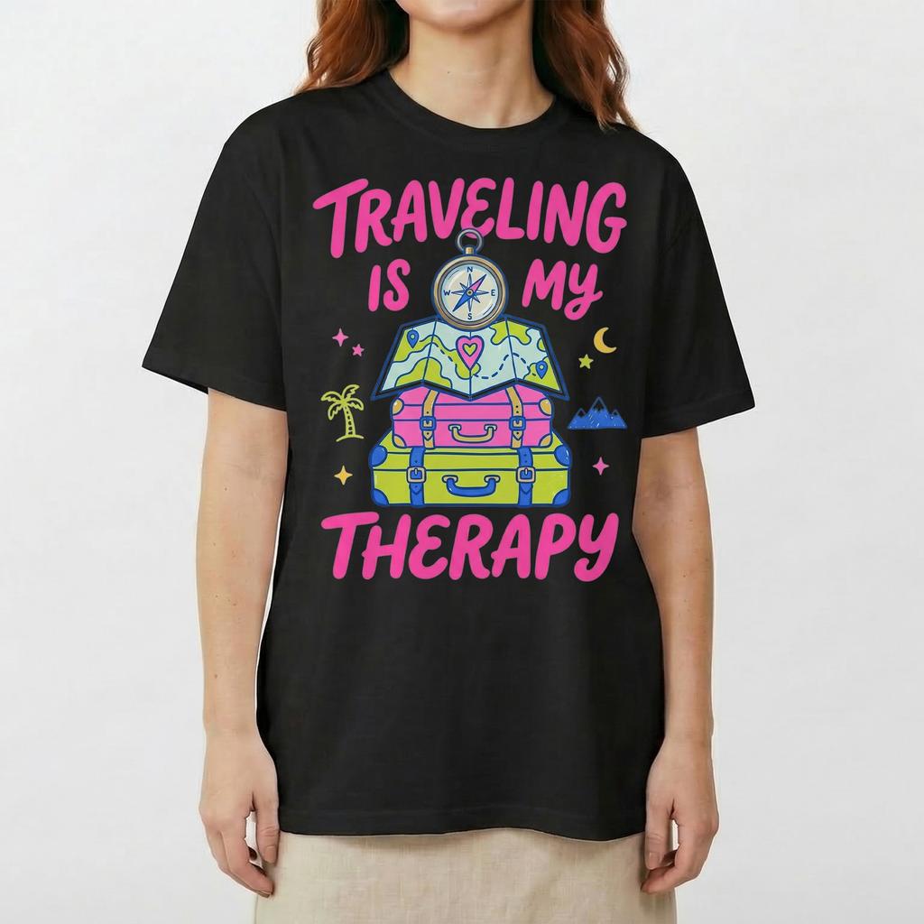 Suitcase Map Compass Heart Travel T-Shirt Traveling Is My Therapy Luggage Tee