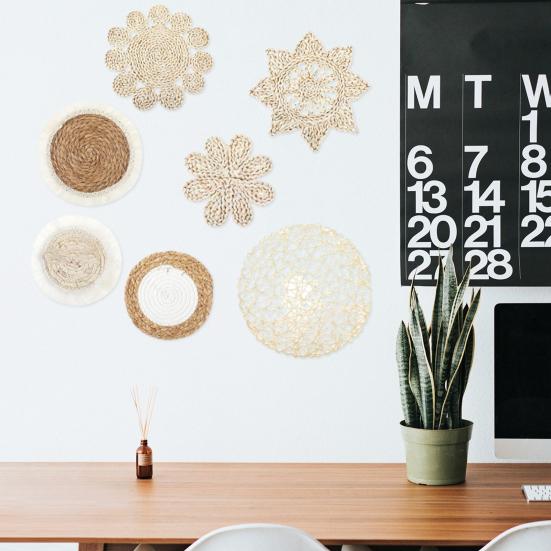 7Pcs/Set Bohemian Straw Woven Wall Decoration Home Office Living Room Bedroom Background Wall Art Rustic Natural Wicker Weave Ornament