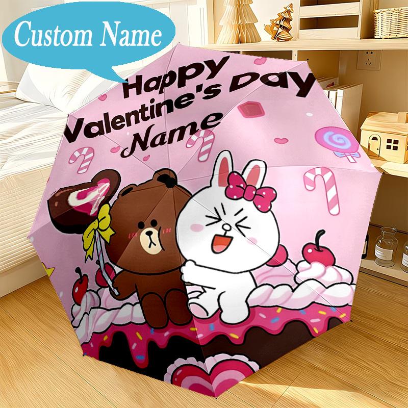 Custom Name Umbrella Happy Valentine's Day Brown Bear Umbrella 8-Frame for Travel, Camping, Casual Lightweight Portable, Essential for Family Gifts
