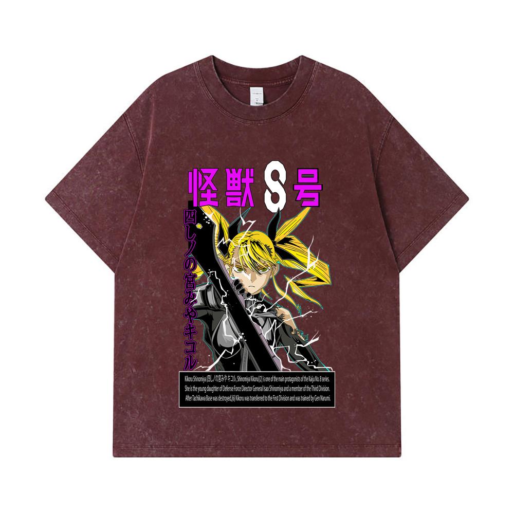 Стиранные футболки 275 г/м² 100% Хлопок Kaiju No 8 V14 Принт Kikoru Унисекс Плотная Хлопковая Футболка