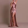 Women Ball Gown Stand Collar Halter Neck Off Shoulder Sleeveless Satin Evening