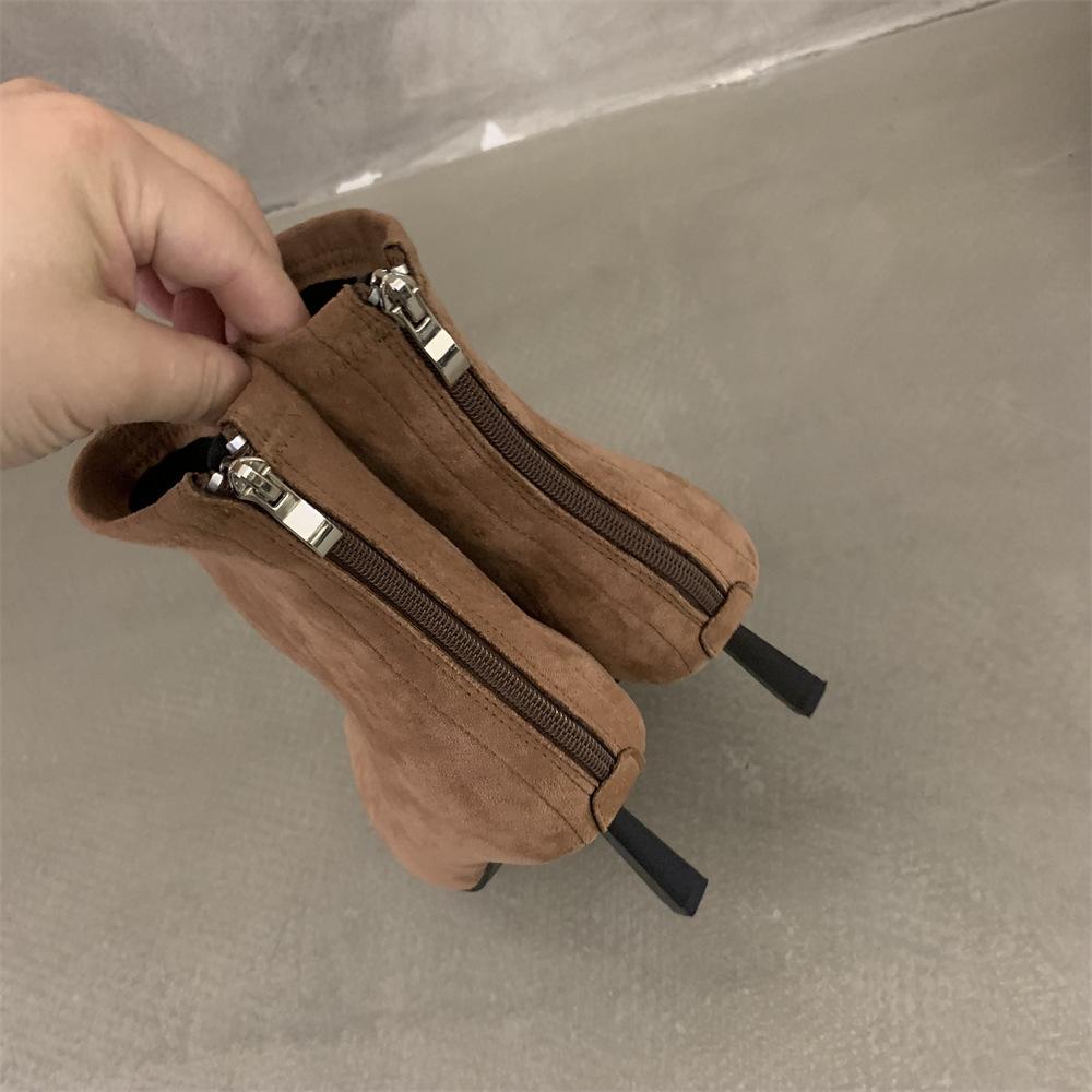 High Heel Pointed Head Temperament Suede Short Boots Women's Shoes Autumn and Winter Velvet Thin Heel Korean