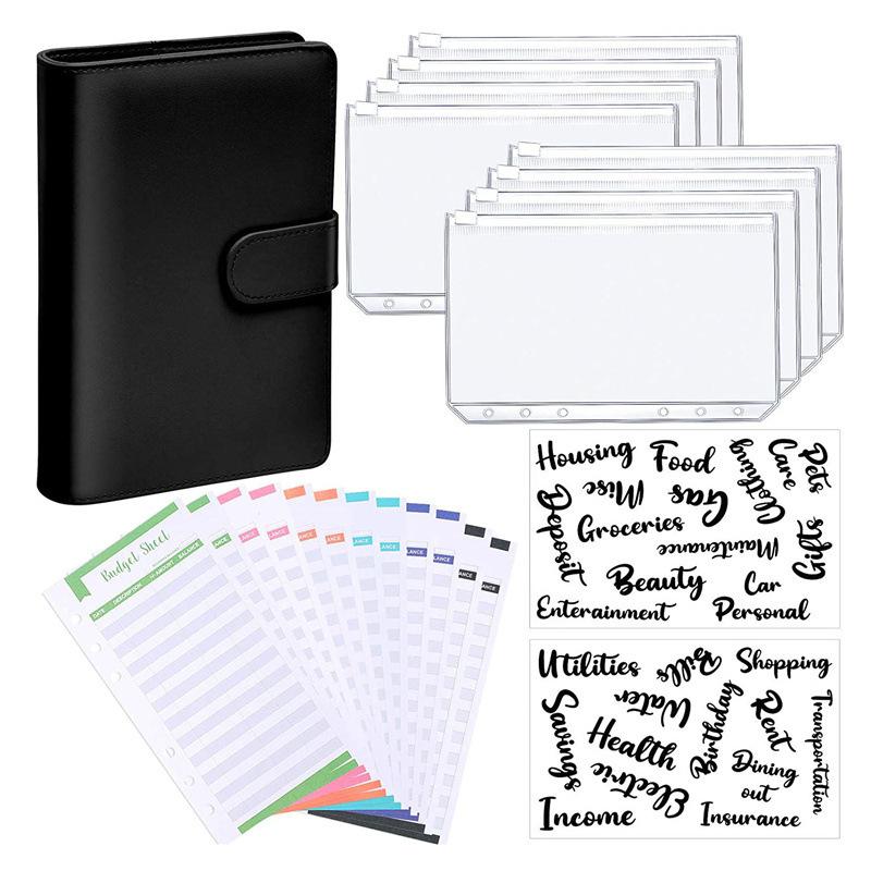 PU Leather Notebook Binder Budget Planner Binder Cover with Binder Pocket Personal Cash Budget Envelopes System 6 Hole Binder Zipper Folder Black Co