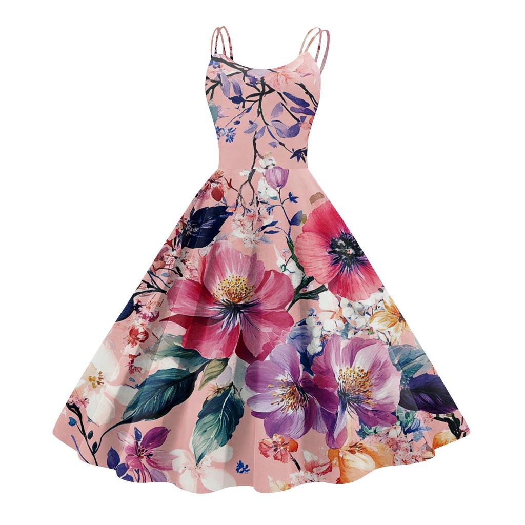 Women's Casual Fashion Flower Print Sexy Off Shoulder Punk Retro Dress Retro Dress Dress