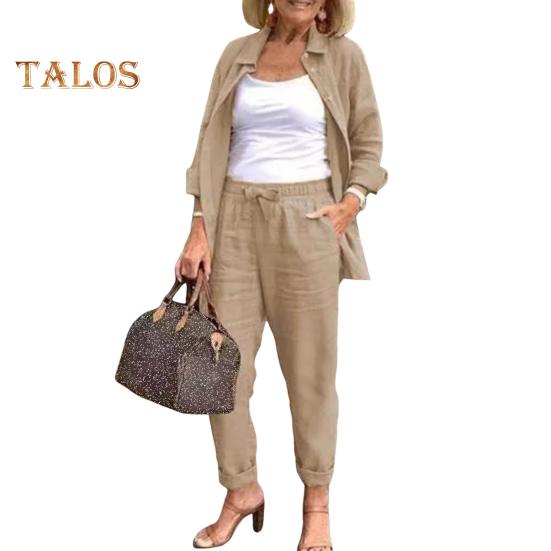 2 шт./компл., женская рубашка и брюки, комплект со свободными лацканами, однобортная блузка средней длины с длинными рукавами, высокая эластичная талия, широкие брюки, повседневная одежда