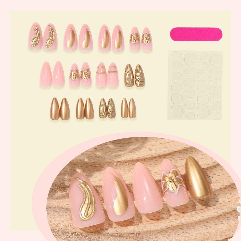 ins wearing nail patch high quality nail fake nail European and American three-dimensional golden flower wearing nail explosion 24 pieces