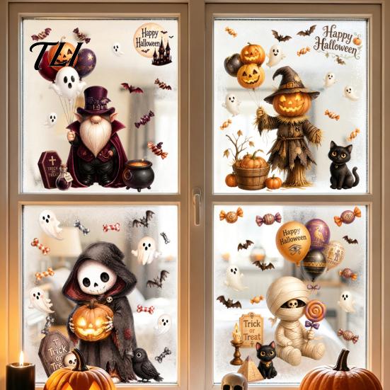 Outdoor Balcony Scene Setting 4Pcs Halloween Cartoon Window Clings, Pumpkin Ghost Scarecrow Stickers, Decorative Glass Decals for Party