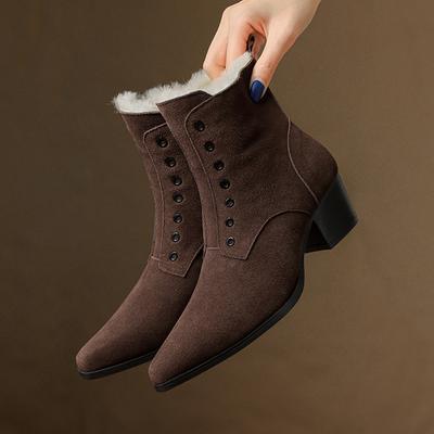 Мода 2025 Зима Новая Мода Теплые Женские Ботильоны из Натуральной Кожи на Высоком Каблуке с Шерстяной Подкладкой Зимние Ботинки Платформы Короткие Мотоциклетные Ботинки